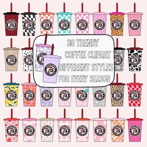 Könnte beinhalten: Eine Sammlung von 30 trendigen Kaffee-Clipart-Bildern in verschiedenen Stilen, darunter Karomuster, Blumenmuster und Tiermuster. Jeder Becher hat einen roten Strohhalm und das Logo "Seven Brew Drive Thru Coffee". Der Text lautet "30 Trendy Coffee Clipart Different Styles For Every Season."