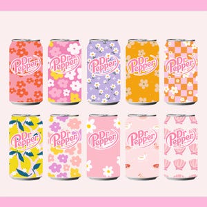 May include: A collection of ten Dr. Pepper soda cans with various floral and patterned designs. The cans feature a pink, orange, yellow, and purple color scheme. Each can has the Dr. Pepper logo.
