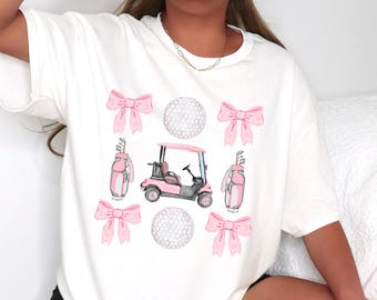 Cute Pink Coquette Golf Design, Gold Golf Cart, Golf Balls and Bows, Girly Golf PNG, Preppy Golf Lover, 300 DPI