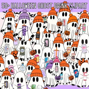 Könnte beinhalten: Eine digitale Illustration mit Cartoon-Geistern, die orangefarbene Mützen tragen und verschiedene Getränke und Kürbisse halten. Das Bild enthält den Text "50+ Halloween Ghost Drink Clipart".