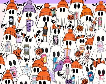 Cute Halloween Ghost Drink Clipart Bundle | Funny Ghost With Soda PNG, Spooky Energy Drink, Retro Alcohol Beer Can Clipart, Preppy Halloween