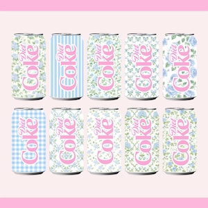 May include: Ten Diet Coke cans with various floral and patterned designs. The cans feature light blue and pink floral patterns, blue stripes, and a blue and white gingham pattern. The words "Diet Coke" are in pink script.