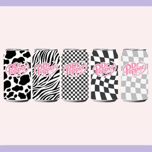 May include: Five Dr. Pepper soda cans with unique patterns: cow print, zebra stripes, black and white checkerboard, black and white diagonal checkerboard, and gray and white checkerboard. Each can features the Dr. Pepper logo in pink.