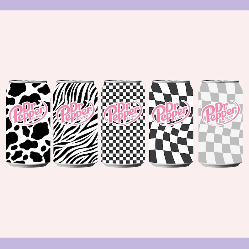 May include: Five Dr. Pepper soda cans with unique patterns: cow print, zebra stripes, black and white checkerboard, black and white diagonal checkerboard, and gray and white checkerboard. Each can features the Dr. Pepper logo in pink.