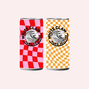 Puede incluir: Dos latas de White Claw Hard Seltzer. Una lata tiene un patr&oacute;n de cuadros rosas y rojos, la otra tiene un patr&oacute;n de cuadros naranjas y blancos. Ambas latas tienen el logotipo de White Claw con un dise&ntilde;o de ola.