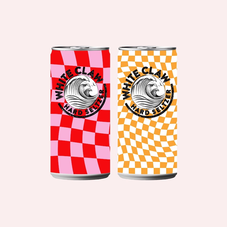 Puede incluir: Dos latas de White Claw Hard Seltzer. Una lata tiene un patr&oacute;n de cuadros rosas y rojos, la otra tiene un patr&oacute;n de cuadros naranjas y blancos. Ambas latas tienen el logotipo de White Claw con un dise&ntilde;o de ola.