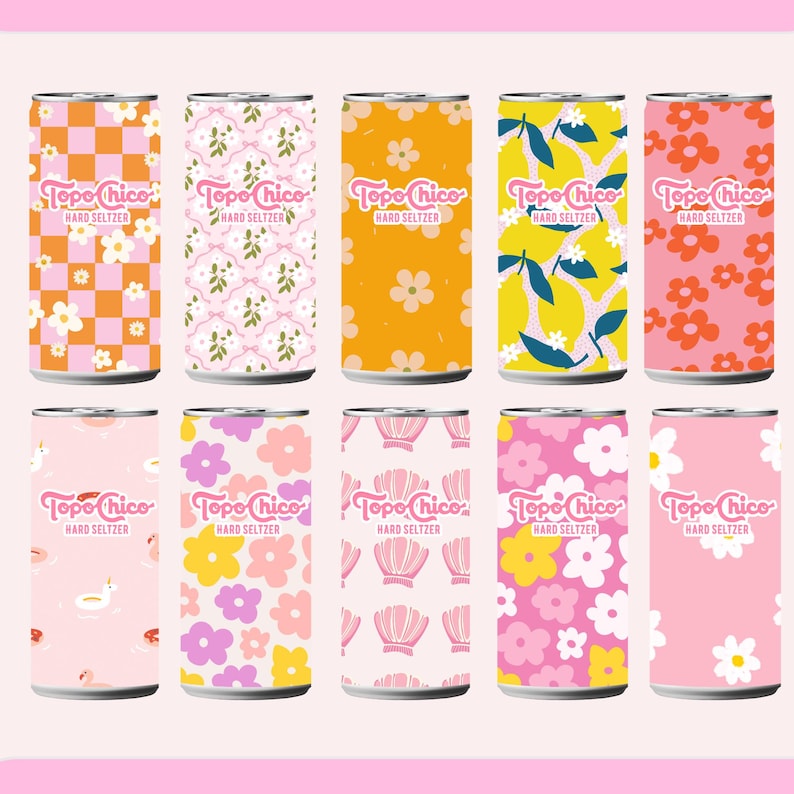 May include: A collection of ten Topo Chico Hard Seltzer cans with various floral and geometric patterns. The cans feature designs in orange, pink, yellow, and white, with the brand name prominently displayed.