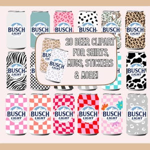 Pode incluir: Uma coleção de 20 designs de latas de cerveja Busch Light com vários padrões, incluindo estampas de animais, xadrez e florais. O texto "20 BEER CLIPART FOR SHIRTS, MUGS, STICKERS & MORE!" também está presente.