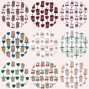 May include: Nine circular designs featuring coffee cups, cherries, and hearts. The patterns include leopard print, red, pink, and blue cups, with cherries and hearts. Some designs feature the Starbucks logo, while others have the Dunkin' logo.