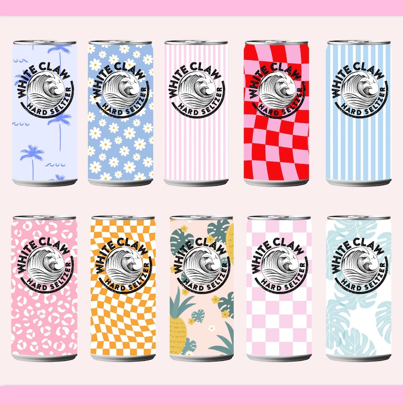 May include: A collection of ten White Claw Hard Seltzer cans. Each can features a different design, including palm trees, daisies, stripes, checkered patterns, and leopard print. The cans are in various colors, such as blue, pink, and orange.