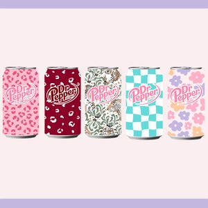May include: Five Dr. Pepper soda cans with unique designs. The cans feature patterns like pink leopard print, burgundy spots, a floral and leopard print mix, a blue and white checkerboard, and pastel flowers. Each can has the Dr. Pepper logo.