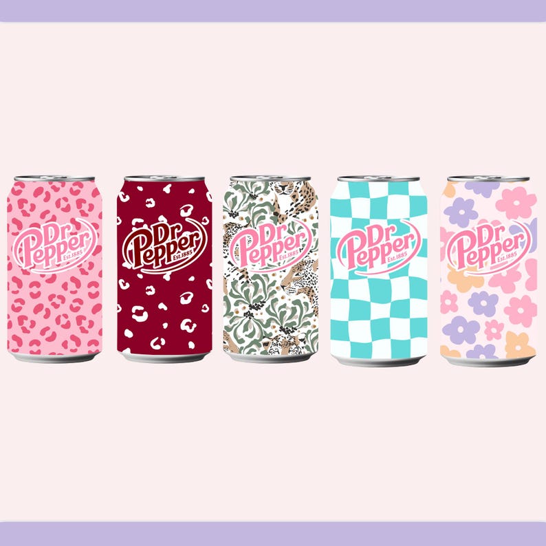 May include: Five Dr. Pepper soda cans with unique designs. The cans feature patterns like pink leopard print, burgundy spots, a floral and leopard print mix, a blue and white checkerboard, and pastel flowers. Each can has the Dr. Pepper logo.