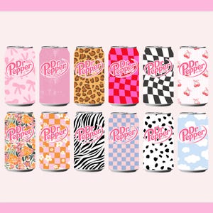 May include: A collection of Dr. Pepper soda cans with various patterns. Designs include bows, solid pink, leopard print, checkered, cherries, floral, orange checkered, zebra stripes, blue checkered, dalmatian spots, and clouds. The Dr. Pepper logo is in pink.