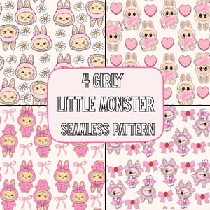 May include: A digital illustration featuring four seamless patterns with a girly theme. The patterns include cartoon bunnies, hearts, and characters in pink outfits. The text "4 Girly Little Monster Seamless Pattern" is displayed in a central banner.