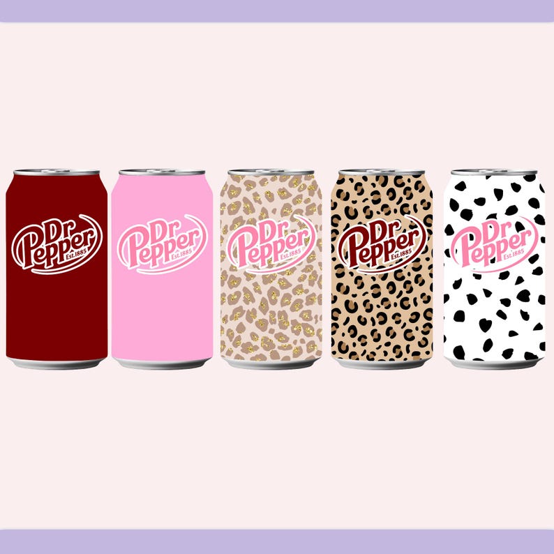 May include: Five Dr. Pepper soda cans in a row, each with a different design. The cans are red, pink, leopard print, cheetah print, and black and white dalmatian print. Each can has the Dr. Pepper logo.