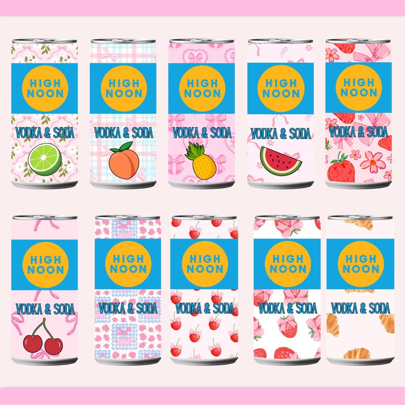 May include: A collection of High Noon Vodka & Soda cans with various fruit and pattern designs. Each can features a blue label with "HIGH NOON" in gold and "VODKA & SODA" below. Flavors include lime, peach, pineapple, watermelon, and strawberry.