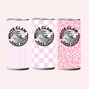 Puede incluir: Tres latas de White Claw hard seltzer con diferentes dise&ntilde;os rosas. Las latas presentan el logotipo de White Claw, un dise&ntilde;o de ola en blanco y negro con las palabras "White Claw Hard Seltzer" en un c&iacute;rculo negro. Los dise&ntilde;os incluyen rayas verticales, un tablero de ajedrez y un estampado de leopardo.