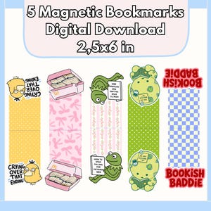 Könnte beinhalten: Fünf magnetische Lesezeichen als digitaler Download 6,35x15,24 cm. Die Designs zeigen eine gelbe Figur mit dem Text Crying Over That Ending, rosa Boxen mit Büchern, einen grünen Frosch, der How To Stop Falling For Fictional Men liest, ein grünes Wesen und ein blaues Karomuster mit dem Text Bookish Baddie.