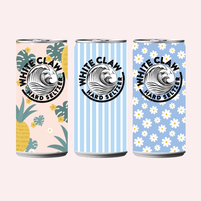 Puede incluir: Tres latas de White Claw Hard Seltzer. Las latas presentan diferentes dise&ntilde;os: una con fondo rosa e ilustraciones de pi&ntilde;as y hojas, otra con rayas verticales azules y otra con un estampado de margaritas azules. Cada lata tiene el logotipo de White Claw.