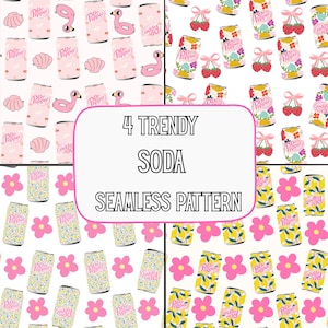 Pode incluir: Quatro padrões sem costura com latas de refrigerante com vários designs, incluindo flamingos cor-de-rosa, conchas, cerejas e flores. O texto "4 TRENDY SODA SEAMLESS PATTERN" é exibido em uma caixa branca.