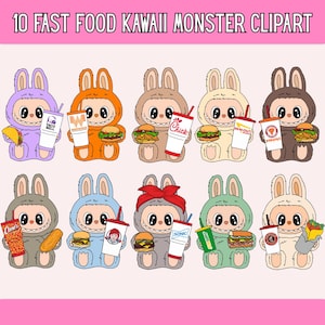 Può includere: Illustrazione digitale di dieci personaggi mostruosi kawaii vestiti con costumi da coniglio, ognuno con cibo da fast food. Il testo "10 FAST FOOD KAWAII MONSTER CLIPART" è in alto.