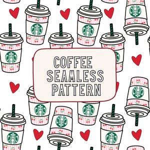 Könnte beinhalten: Ein nahtloses Muster mit illustrierten Kaffeebechern mit rosa-weißen Streifen, kleinen roten Kirschen und grünen Sirenen-Logos, durchsetzt mit roten Herzen. Ein zentrales rechteckiges Etikett zeigt den Text COFFEE SEAMLESS PATTERN.