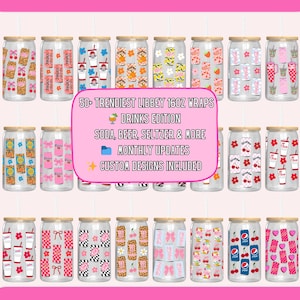 Könnte beinhalten: Eine Sammlung von Libbey 473ml Glas-Getränke-Wraps mit verschiedenen Designs, darunter Kirschen, Schleifen und Getränke-Logos. Der Text lautet: "50+ Trendiest Libbey 16oz Wraps Drinks Edition Soda, Beer, Seltzer & More Monthly Updates Custom Designs Included."