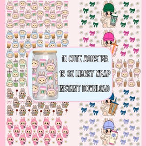 Könnte beinhalten: Ein klarer 473 ml Libbey-Glas-Wrap mit einem niedlichen Monster-Design, Kaffeetassen und Hasenfiguren. Das Design wiederholt sich auf einem rosa Hintergrund. Der Text auf dem Bild lautet "10 Cute Monster 16 oz Libbey Wrap Instant Download."