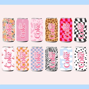 Puede incluir: Doce latas de Coca-Cola Light con varios diseños, incluyendo estampados florales, de leopardo, a cuadros y de cebra. Las latas están dispuestas en una cuadrícula, mostrando una gama de latas de refresco coloridas y estampadas.