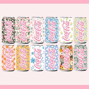 May include: A selection of Coca-Cola cans adorned with floral patterns. The cans display diverse designs, such as flowers and checks, in shades of pink, yellow, blue, and orange. The Coca-Cola logo is in pink.