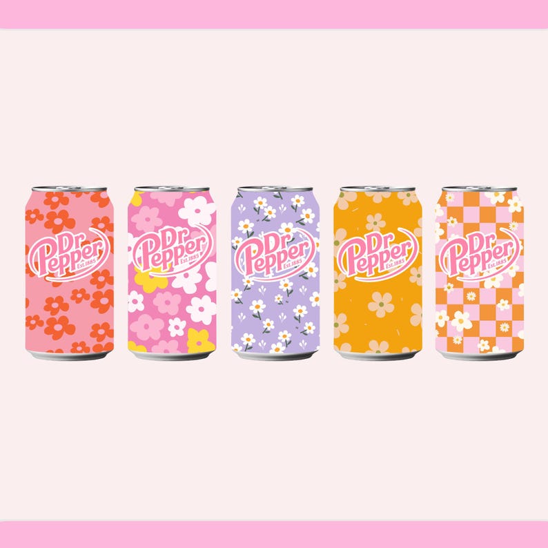 May include: Five Dr. Pepper soda cans with floral designs in pink, purple, orange, and checkered patterns. The Dr. Pepper logo is visible on each can. The background is a light pink.