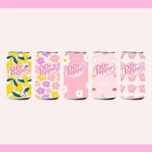 May include: Five Dr. Pepper soda cans with different floral and nautical designs. The cans feature yellow lemons, pink and purple flowers, white daisies, ducks, and pink seashells. The Dr. Pepper logo is visible on each can.