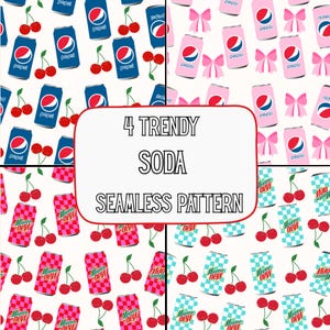 Könnte beinhalten: Vier nahtlose Muster mit Limonaden-Dosen, Kirschen und Schleifen. Die Muster zeigen Pepsi-Dosen in Blau und Rosa, Mountain Dew-Dosen in Rosa und Blau sowie rote Kirschen. Der Text "4 TRENDY SODA SEAMLESS PATTERN" ist ebenfalls vorhanden.