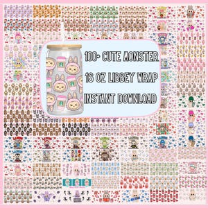 Könnte beinhalten: Ein digitaler Download mit einem 16 oz Libbey-Wrap-Design mit einem niedlichen Monster-Thema. Das Design umfasst verschiedene Monster-Illustrationen und den Text "100+ CUTE MONSTER 16 OZ LIBBEY WRAP INSTANT DOWNLOAD". Das Bild zeigt auch ein Glas mit einem Monster-Design.