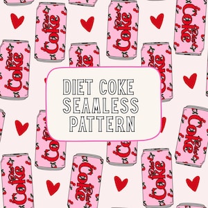 Könnte beinhalten: Ein nahtloses Muster aus hellrosa Limonadendosen, verziert mit roten Kirschillustrationen und dem Schriftzug Diet Coke, durchsetzt mit roten Herzformen. Ein weißes Rechteck in der Mitte enthält den Text DIET COKE SEAMLESS PATTERN.