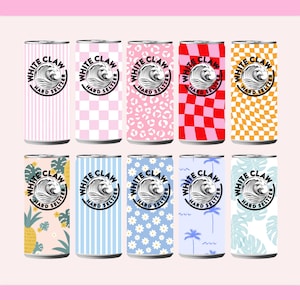 May include: A collection of ten White Claw Hard Seltzer cans with various designs. The cans feature patterns like pink stripes, checkered, leopard print, and floral designs. Each can has the White Claw logo.
