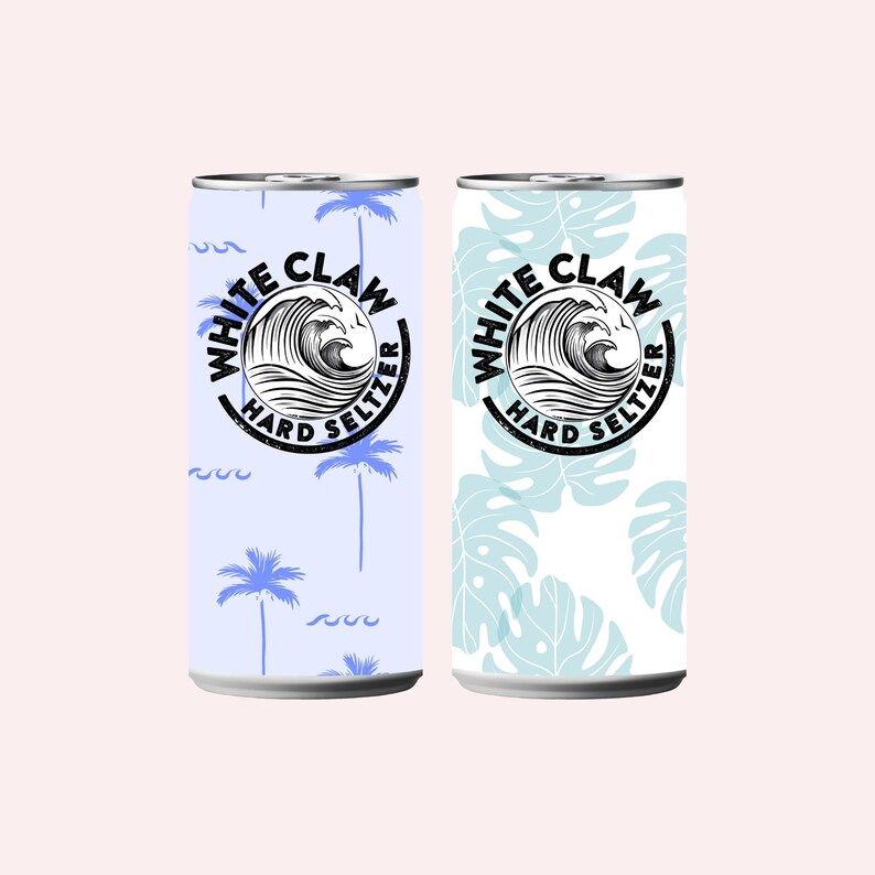 Puede incluir: Dos latas de White Claw Hard Seltzer. Una lata tiene un fondo azul claro con palmeras y olas. La otra lata tiene un fondo blanco con hojas tropicales azul claro. Ambas latas tienen el logotipo de White Claw.