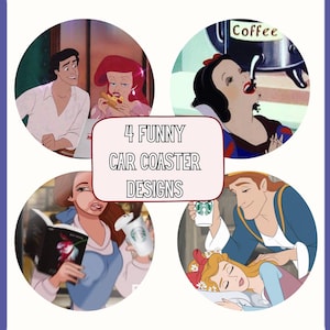 Könnte beinhalten: Ein Set aus vier runden Auto-Untersetzern mit Zeichentrick-Illustrationen. Der Text in der Mitte lautet 4 FUNNY CAR COASTER DESIGNS. Die Bilder zeigen Figuren, die Pizza essen, Kaffee trinken, ein Buch lesen und sich ausruhen.