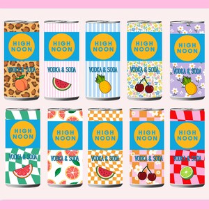 May include: A collection of High Noon Vodka & Soda cans with various fruit and pattern designs. The cans feature text in a blue rectangle with a yellow circle. Flavors include peach, watermelon, pineapple, cherry, grapefruit, and lime.