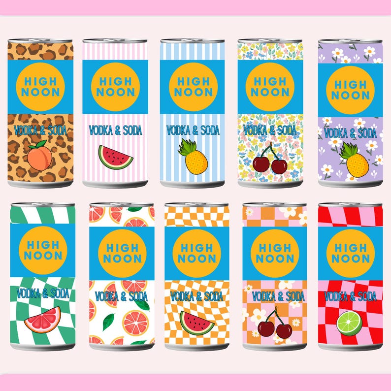May include: A collection of High Noon Vodka & Soda cans with various fruit and pattern designs. The cans feature text in a blue rectangle with a yellow circle. Flavors include peach, watermelon, pineapple, cherry, grapefruit, and lime.