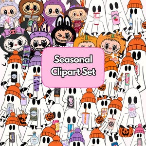 May include: A collection of cartoon characters and ghosts in a seasonal clipart set. The image features ghosts wearing orange beanies, holding drinks, and pumpkins. The text "Seasonal Clipart Set" is displayed on a pink background.