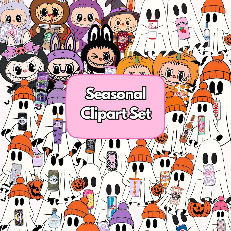 May include: A collection of cartoon characters and ghosts in a seasonal clipart set. The image features ghosts wearing orange beanies, holding drinks, and pumpkins. The text "Seasonal Clipart Set" is displayed on a pink background.