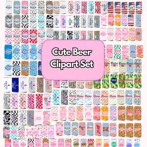 May include: A collection of various beer can designs, including Busch, Coors, and Corona, with diverse patterns and colors. The image features a pink banner with the text "Cute Beer Clipart Set."