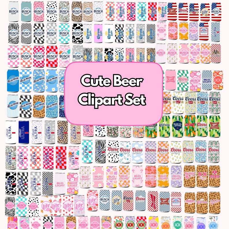 May include: A collection of various beer can designs, including Busch, Coors, and Corona, with diverse patterns and colors. The image features a pink banner with the text "Cute Beer Clipart Set."