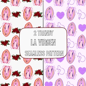 May include: Two seamless patterns featuring illustrations of La Virgen, roses, hearts, and rosaries. The patterns are on white and light purple backgrounds. Text in the center reads "2 Trendy La Virgen Seamless Pattern."