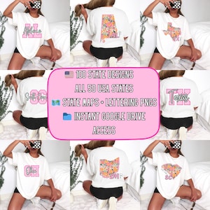 Puede incluir: Se muestran camisetas blancas con diseños de estados, incluyendo Alabama, Texas y Ohio. Las camisetas presentan mapas de estados y letras en rosa. La imagen también incluye el texto: "100 State Designs, All 50 USA States, State Maps + Lettering PNGs, Instant Google Drive Access."
