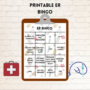 緊急治療室ビンゴゲーム | 印刷可能な医療ビンゴ | 即時ダウンロード可能な ER シフトビンゴ | ダウンロード可能な ER 看護師ゲーム