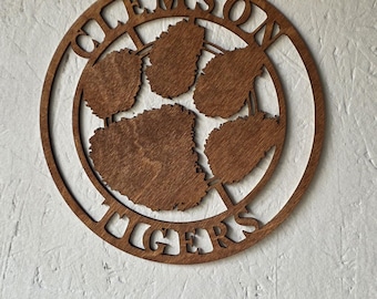 Clemson Tigers Circular Design with Logo and Text Laser Cut 10-25 Inches Natural Wood Gunstock Stain or Painted Black Finish