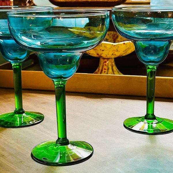 Vintage hand blown glassware set of 3 MCM  peacock blue and green glass margarita glasses daiquiris cocktail barware