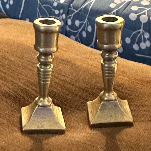Vintage pair  hand casted brass mini candle candlestick holders